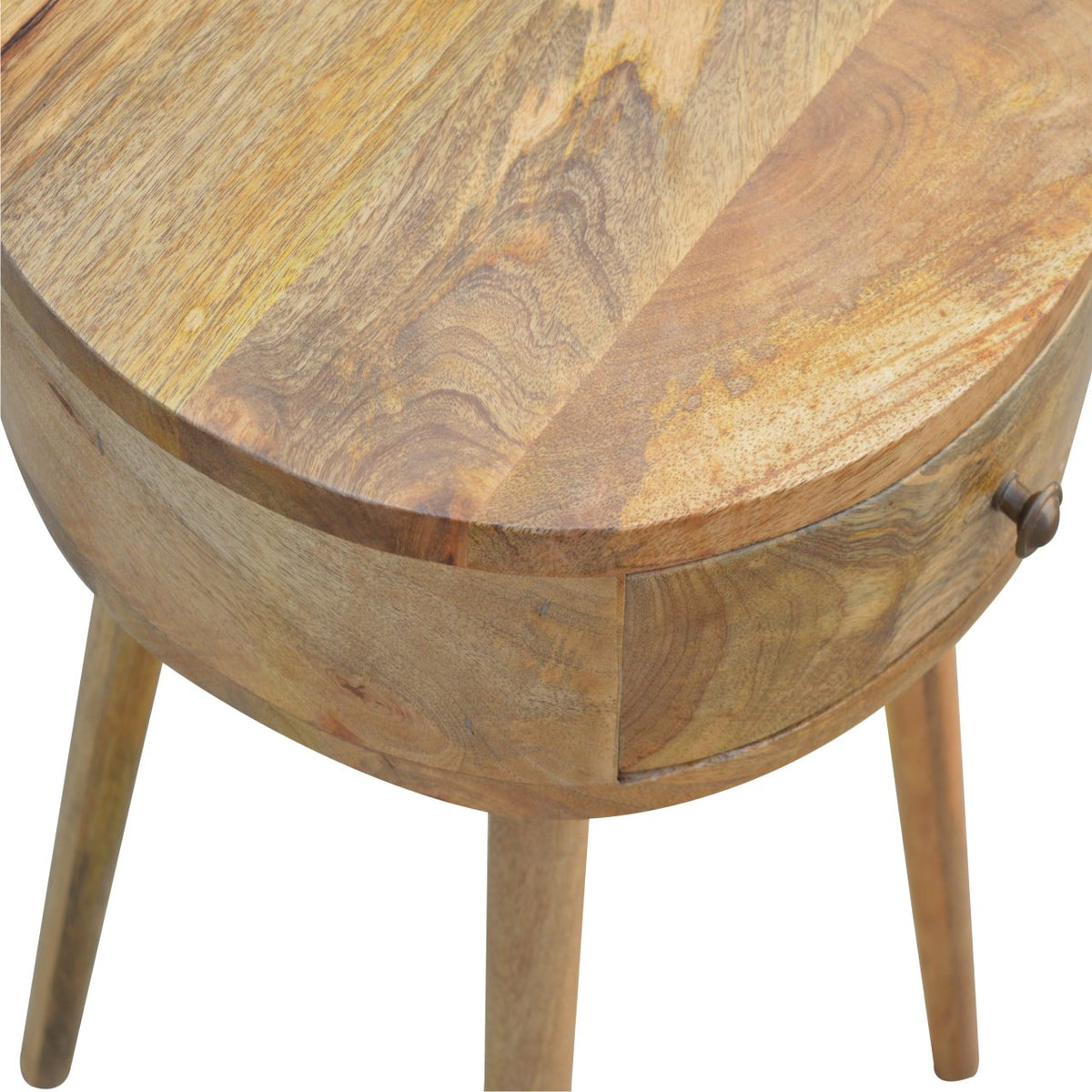Nordic Circular Shaped Solid Mango Wood Nightstand – Oak-Ish Finish