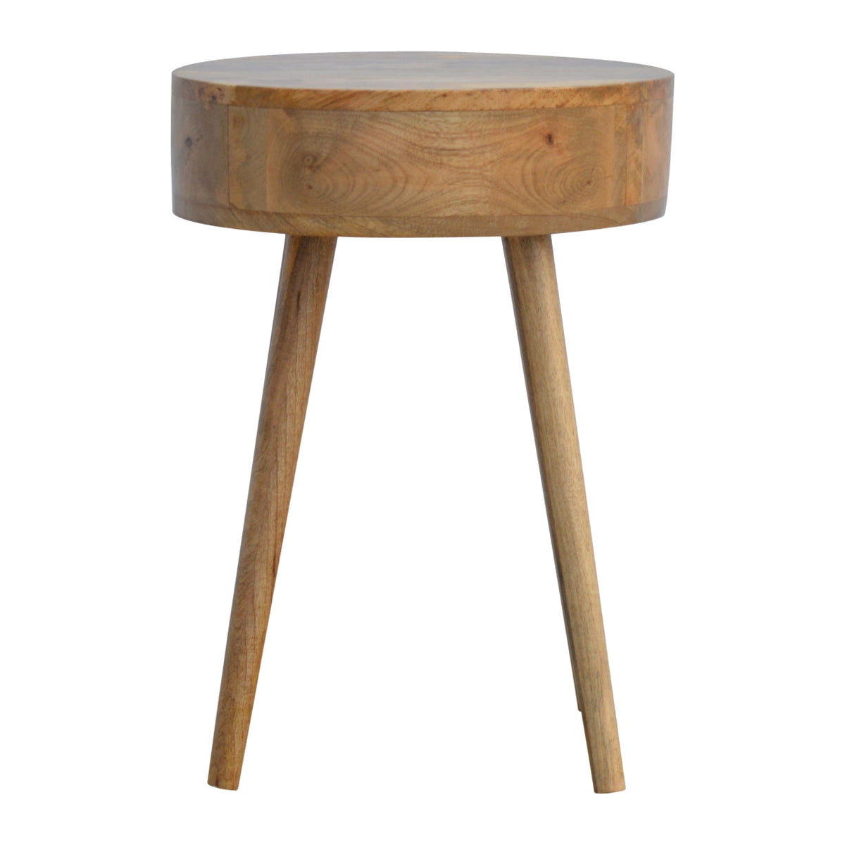 Nordic Circular Shaped Solid Mango Wood Nightstand – Oak-Ish Finish