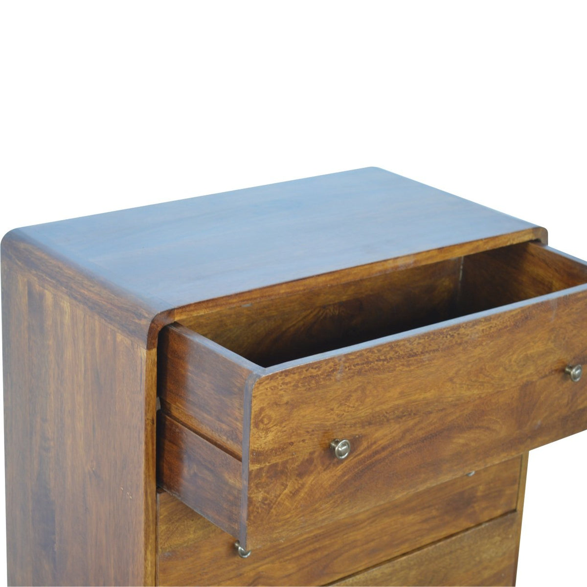 Curved Solid Mango Wood 5-Drawer Dresser – Chestnut Finish