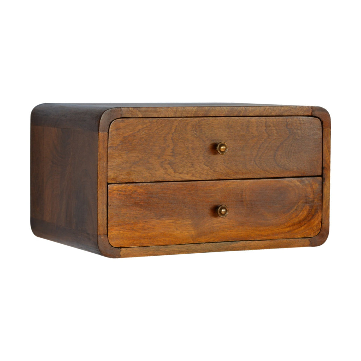 Floating Curved Solid Mango Wood Nightstand – Chestnut Finish, 2 Drawers