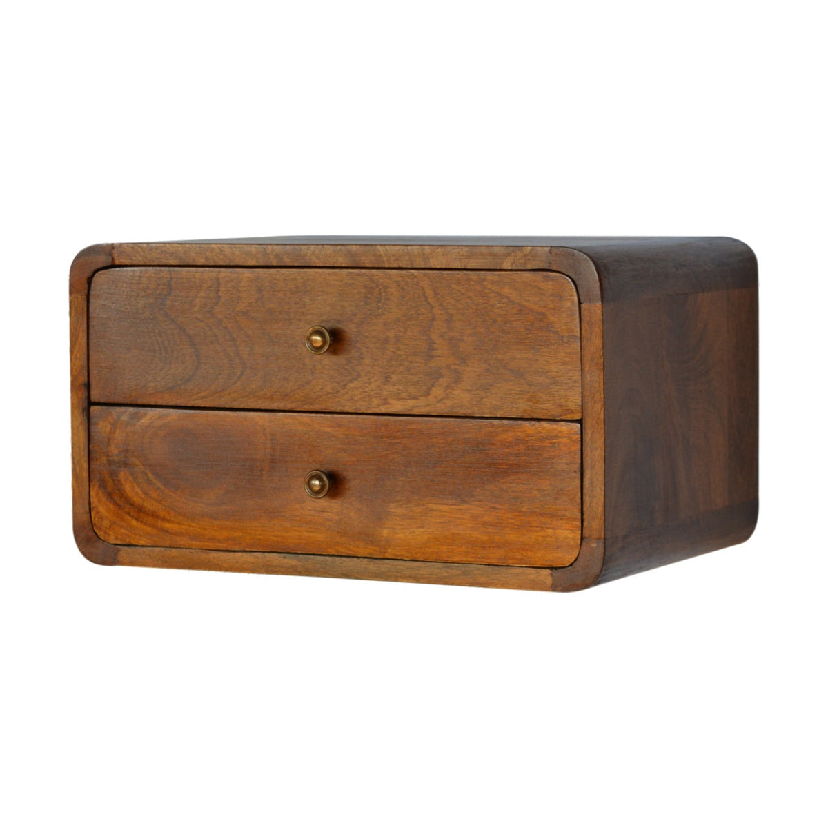 Floating Curved Solid Mango Wood Nightstand – Chestnut Finish, 2 Drawers