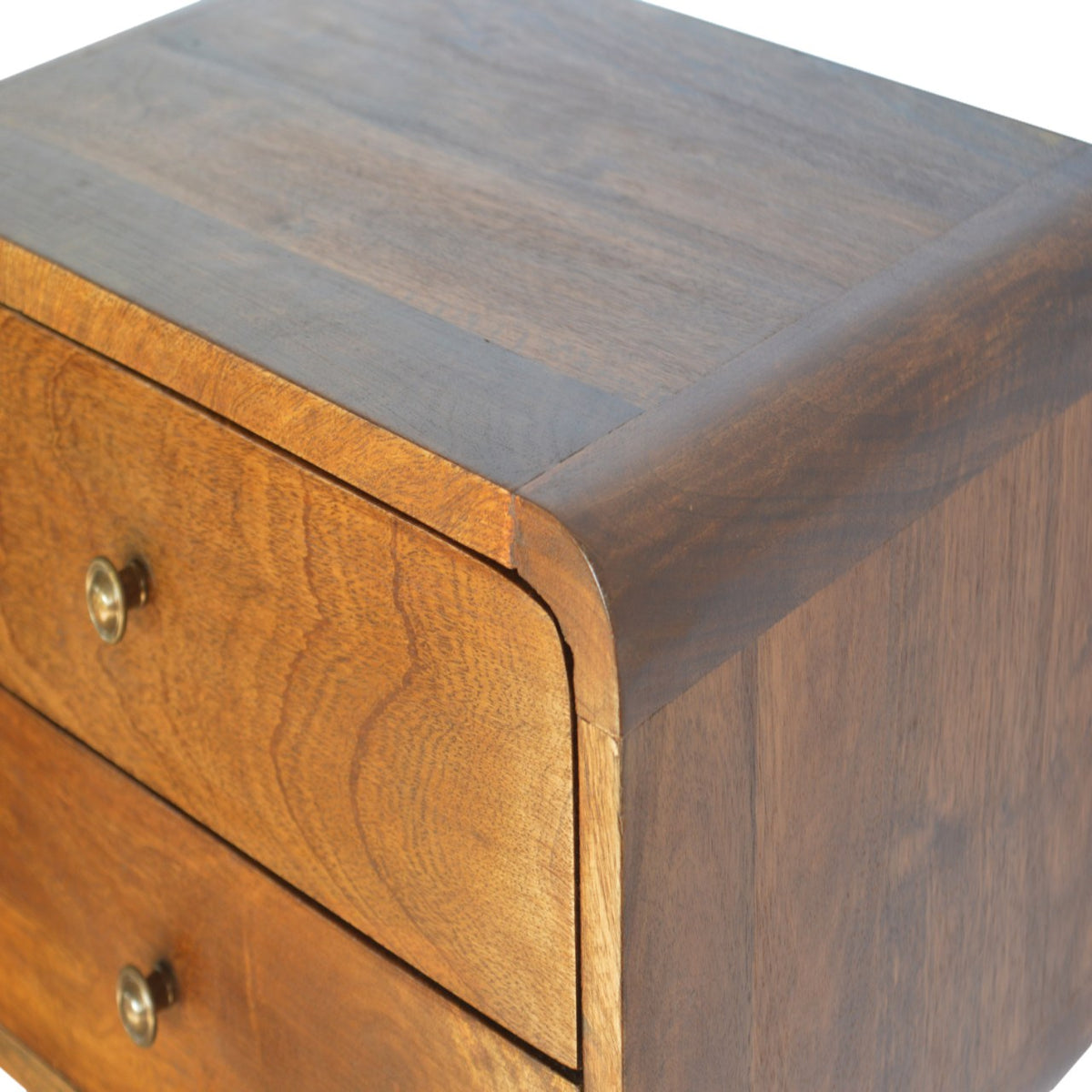 Floating Curved Solid Mango Wood Nightstand – Chestnut Finish, 2 Drawers