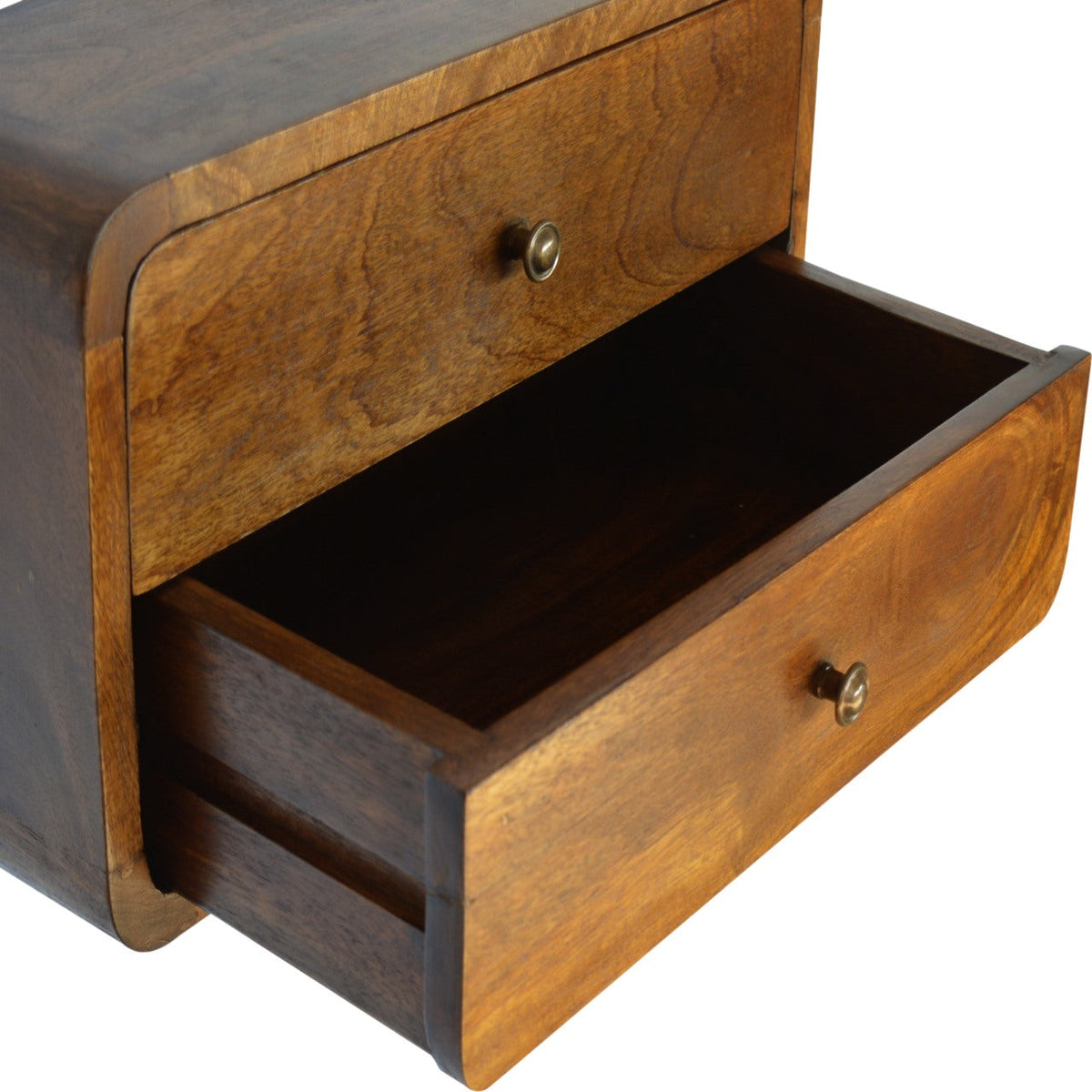 Floating Curved Solid Mango Wood Nightstand – Chestnut Finish, 2 Drawers