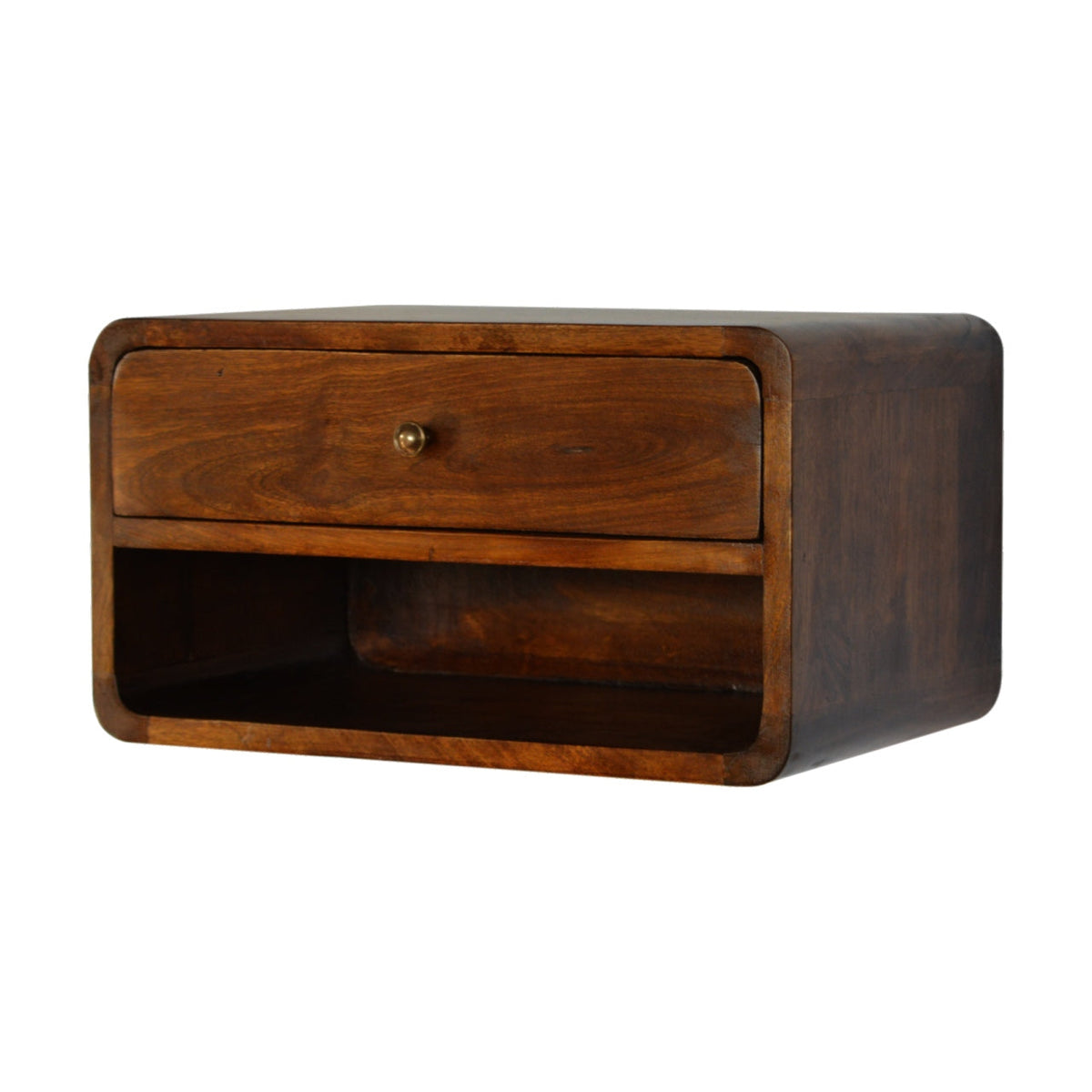 Curved Floating Solid Mango Wood Nightstand – Chestnut Finish, Drawer & Open Shelf