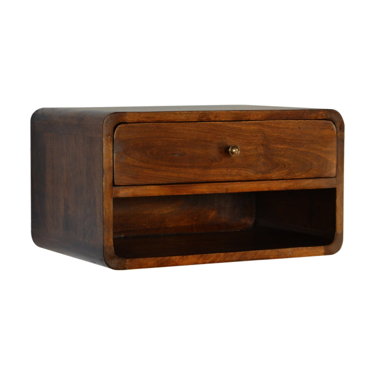 Curved Floating Solid Mango Wood Nightstand – Chestnut Finish, Drawer & Open Shelf