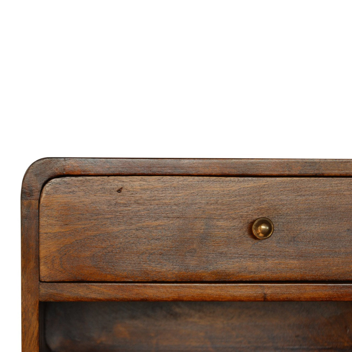 Curved Floating Solid Mango Wood Nightstand – Chestnut Finish, Drawer & Open Shelf