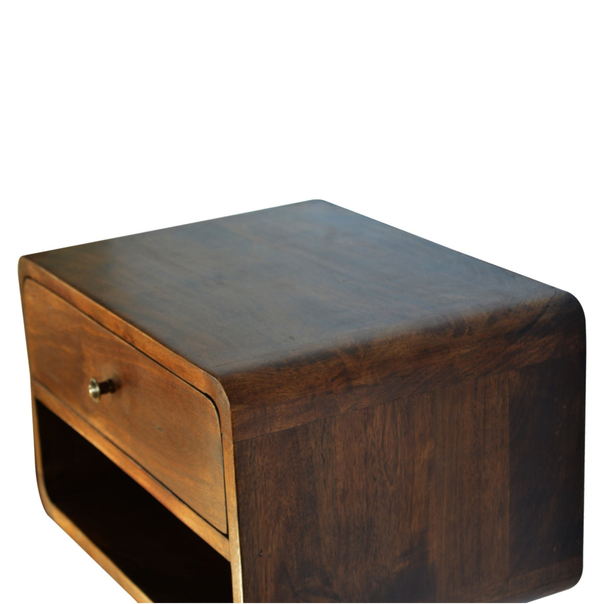 Curved Floating Solid Mango Wood Nightstand – Chestnut Finish, Drawer & Open Shelf