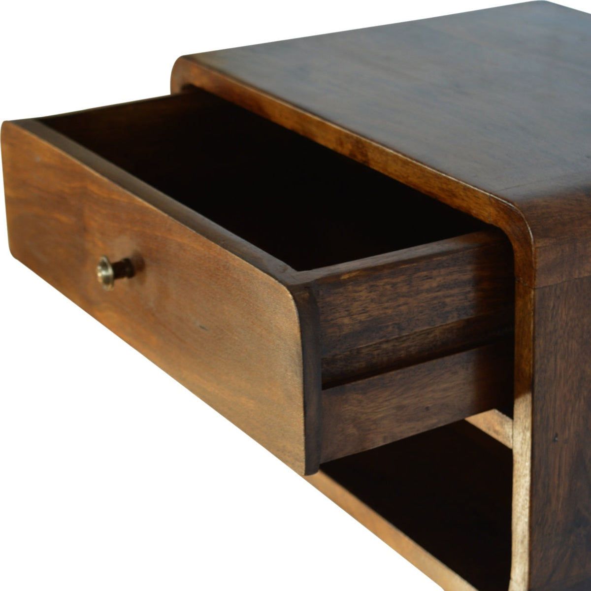 Curved Floating Solid Mango Wood Nightstand – Chestnut Finish, Drawer & Open Shelf
