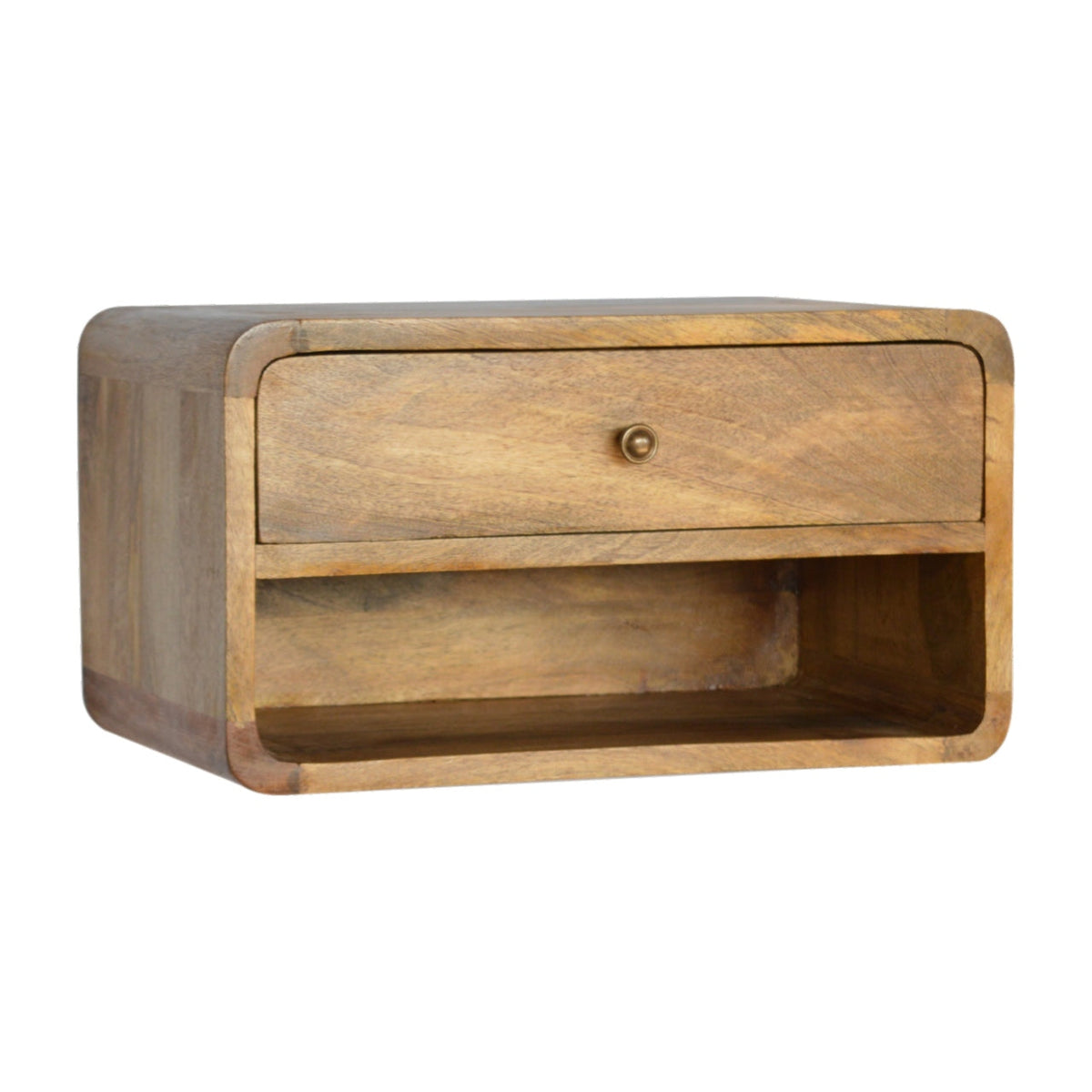 Floating Curve Open Slot Solid Mango Wood Nightstand – Oak-Ish Finish
