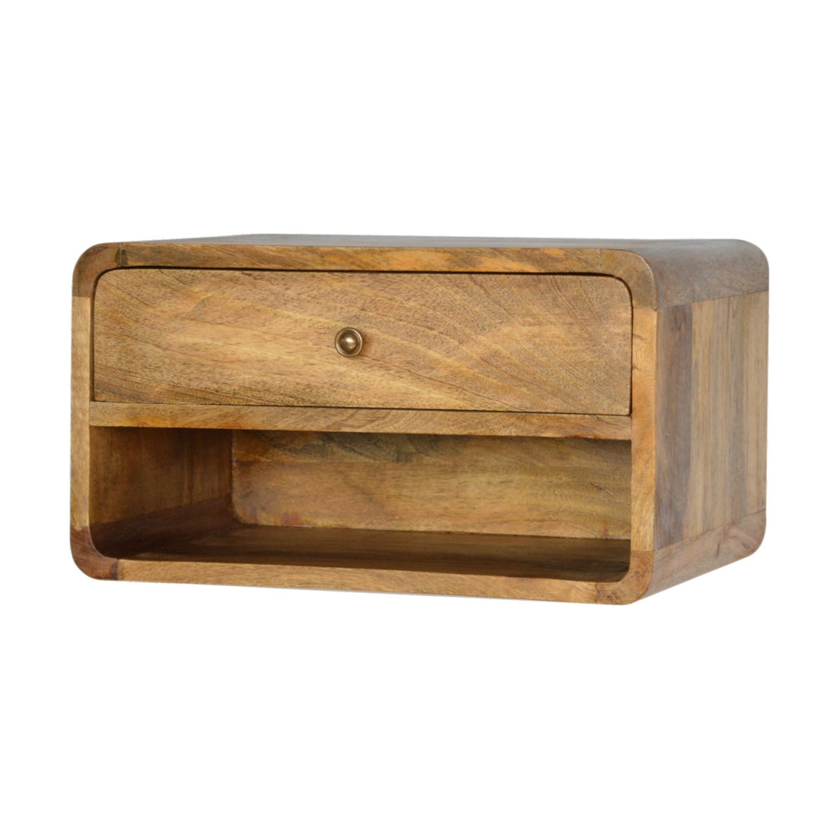 Floating Curve Open Slot Solid Mango Wood Nightstand – Oak-Ish Finish