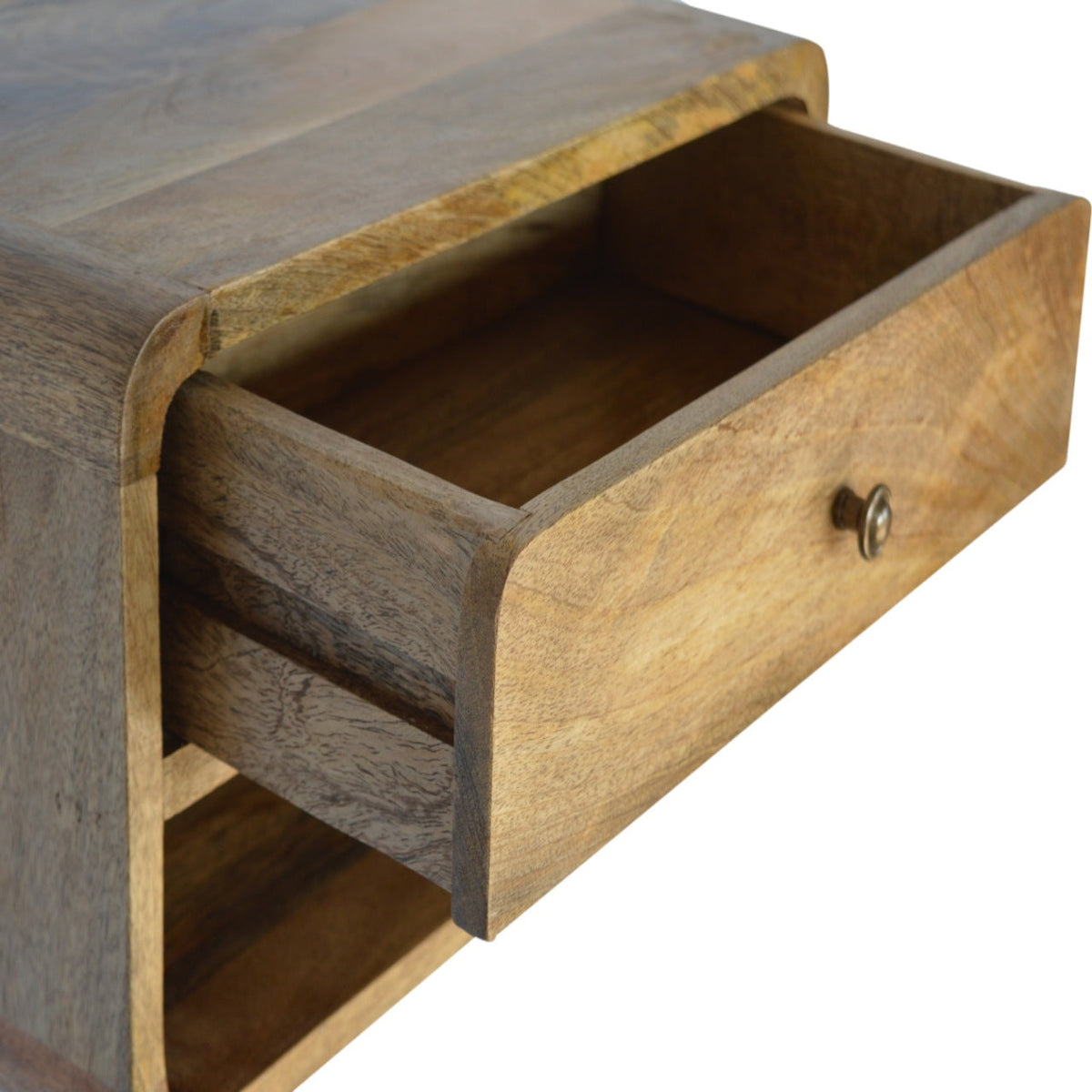 Floating Curve Open Slot Solid Mango Wood Nightstand – Oak-Ish Finish