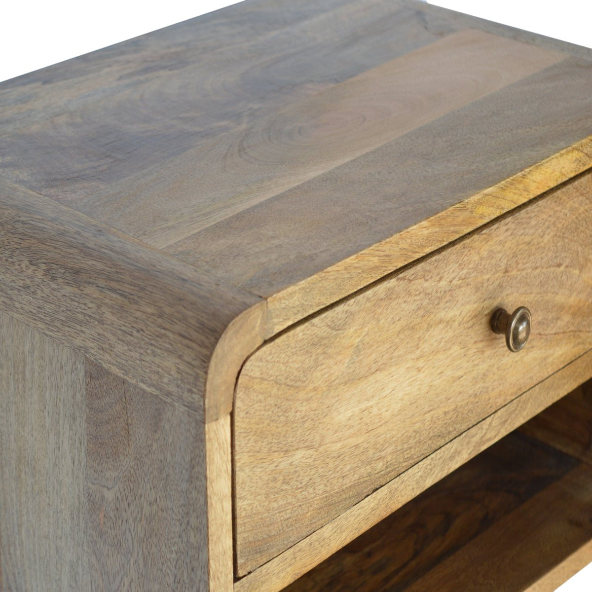 Floating Curve Open Slot Solid Mango Wood Nightstand – Oak-Ish Finish