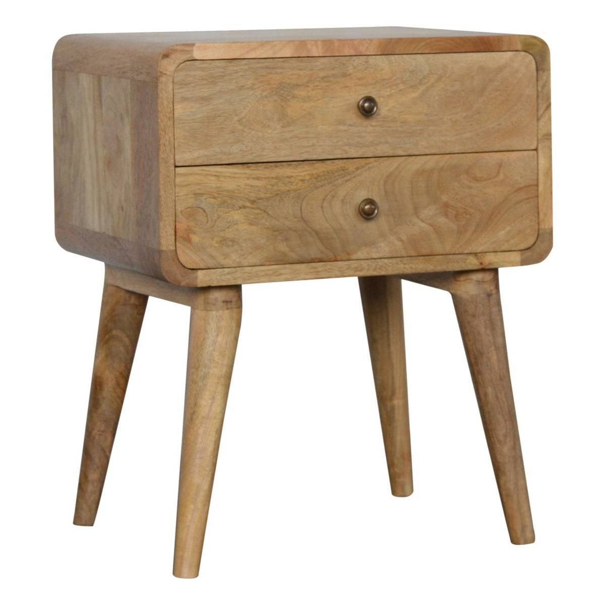 Solid Mango Wood Nightstand – Oak-Ish Finish, Curved 2-Drawer Design