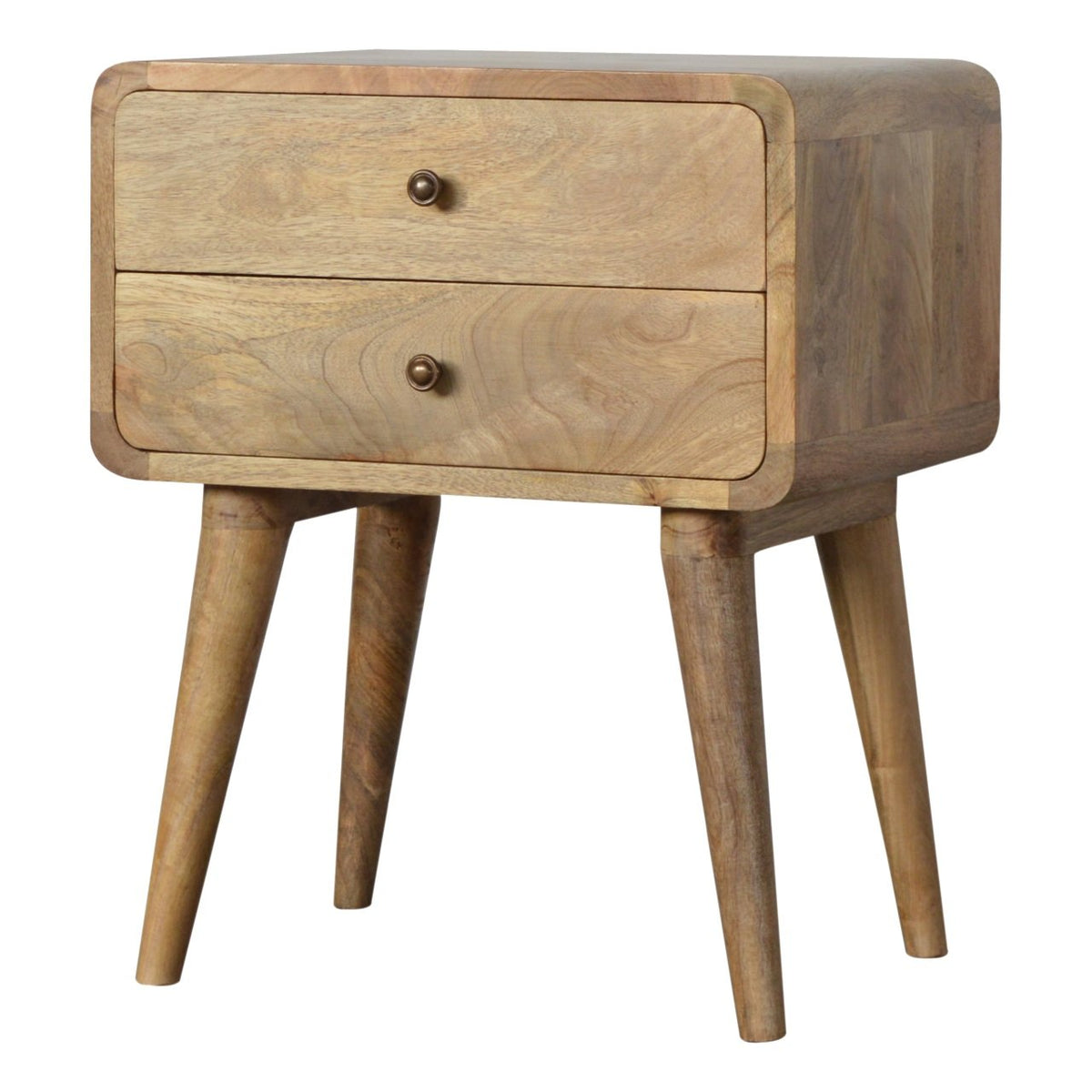 Solid Mango Wood Nightstand – Oak-Ish Finish, Curved 2-Drawer Design