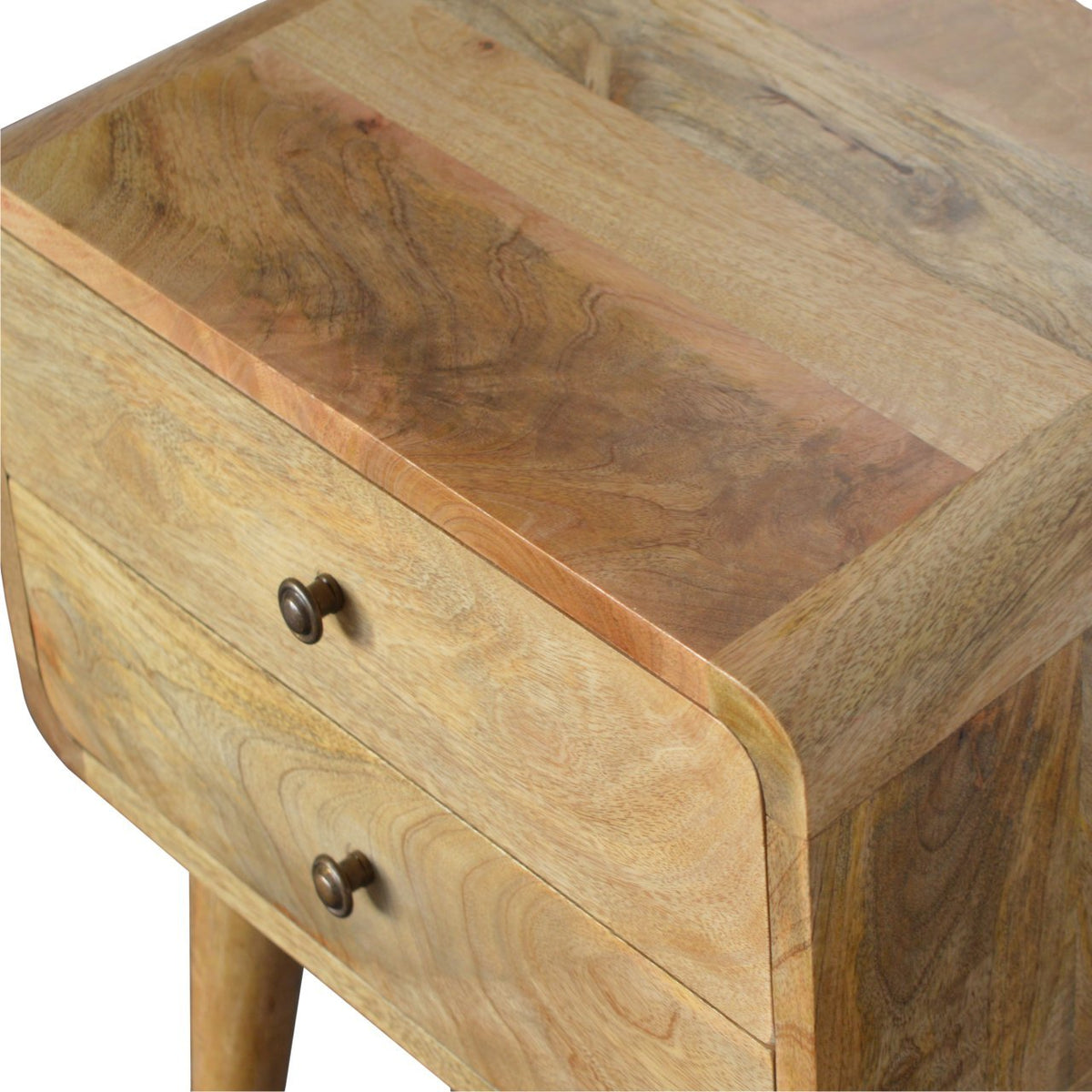 Solid Mango Wood Nightstand – Oak-Ish Finish, Curved 2-Drawer Design
