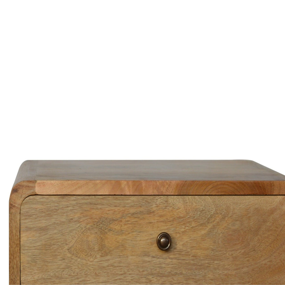 Solid Mango Wood Nightstand – Oak-Ish Finish, Curved 2-Drawer Design
