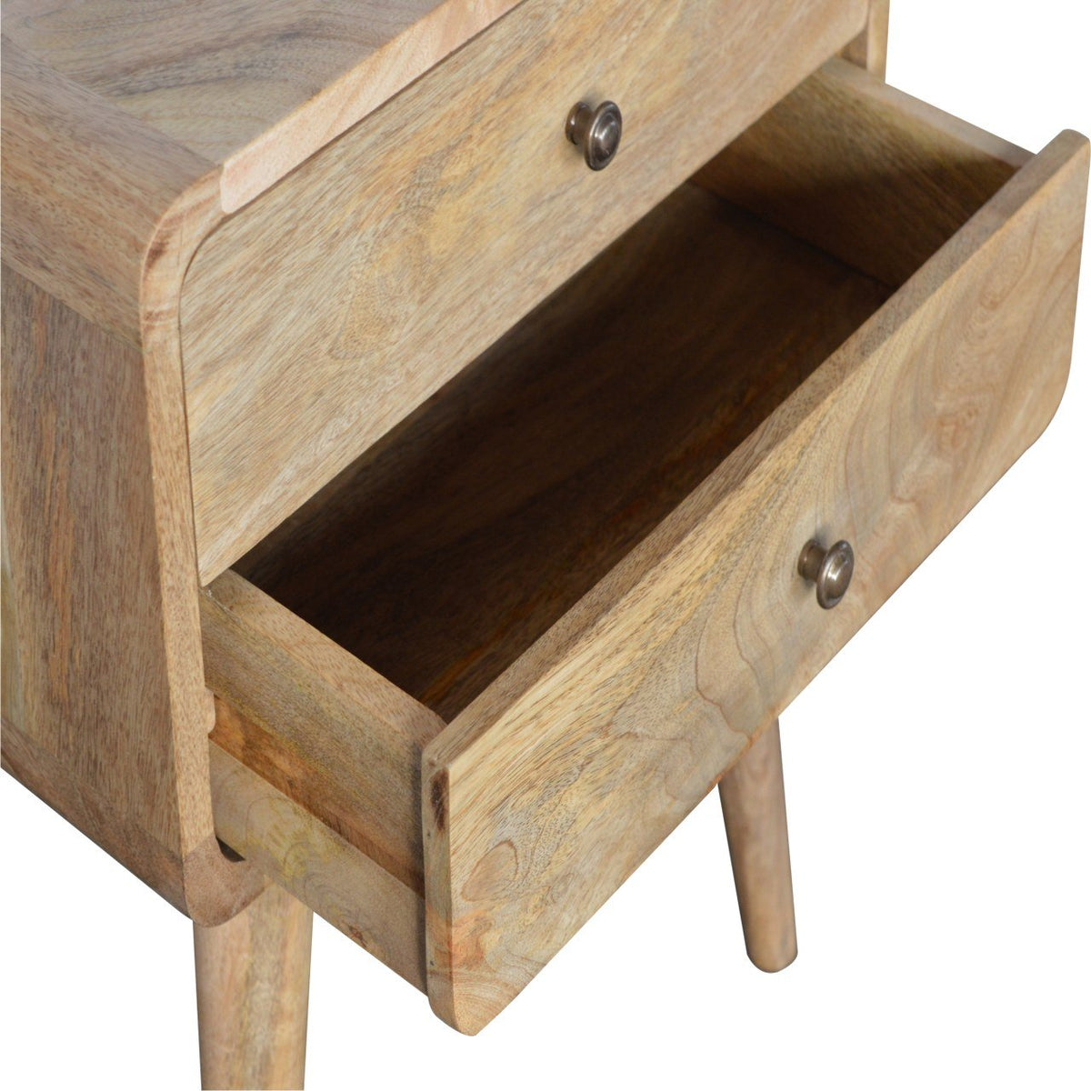 Solid Mango Wood Nightstand – Oak-Ish Finish, Curved 2-Drawer Design