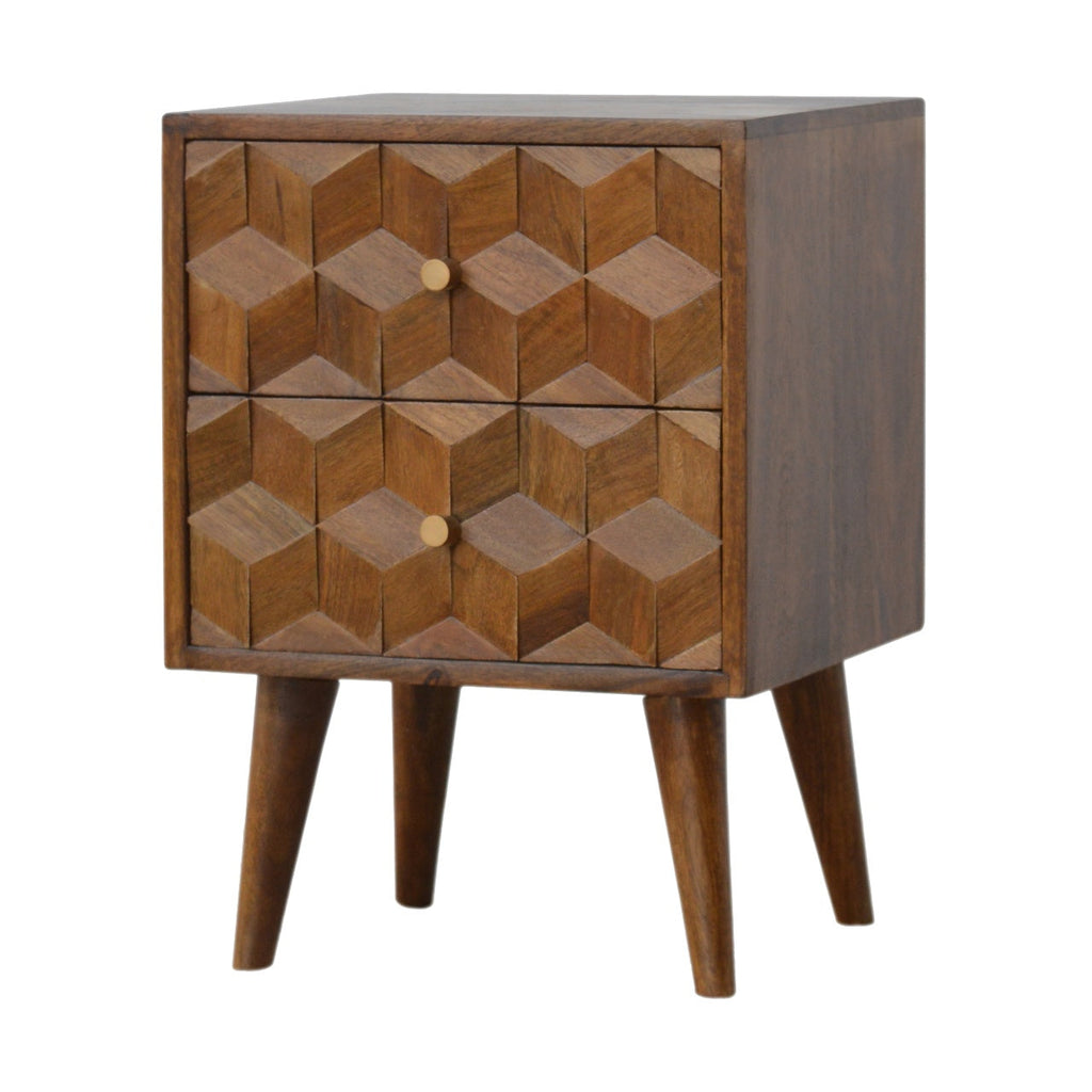 Cube Carved Solid Mango Wood Nightstand – Chestnut Finish