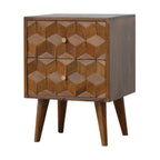 Cube Carved Solid Mango Wood Nightstand – Chestnut Finish