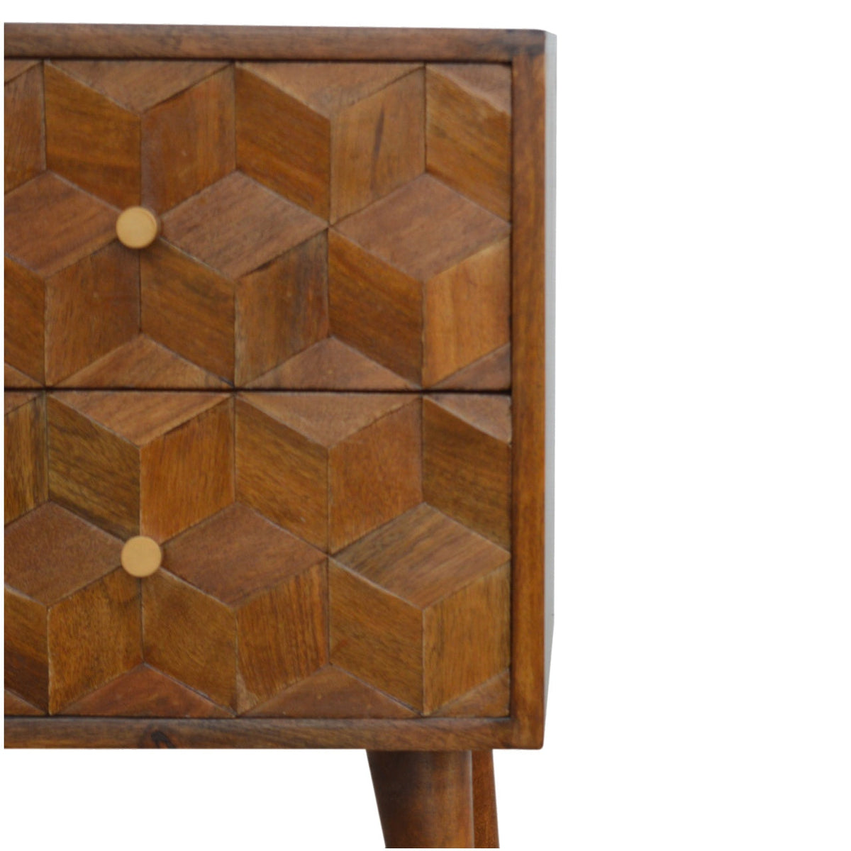 Cube Carved Solid Mango Wood Nightstand – Chestnut Finish