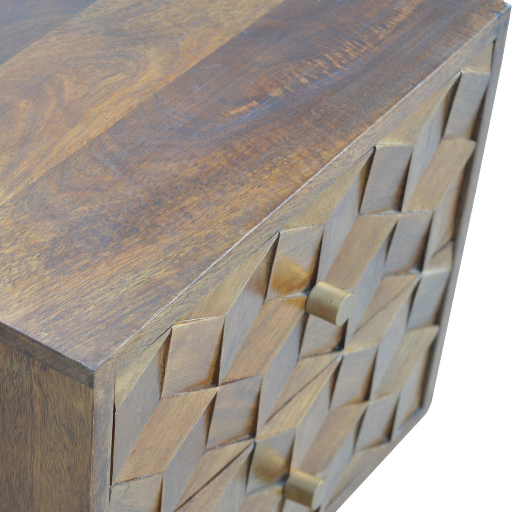 Cube Carved Solid Mango Wood Nightstand – Chestnut Finish
