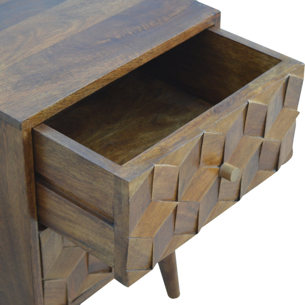 Cube Carved Solid Mango Wood Nightstand – Chestnut Finish
