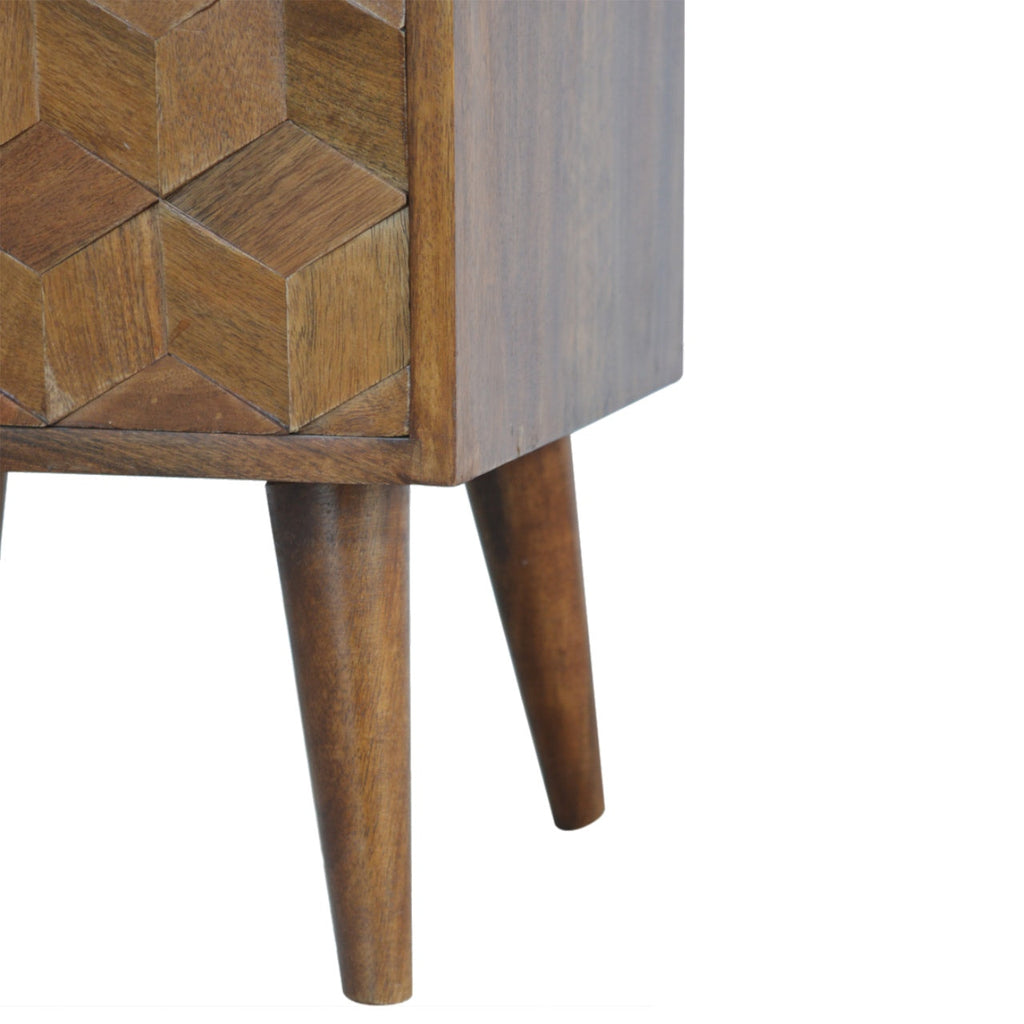 Cube Carved Solid Mango Wood Nightstand – Chestnut Finish