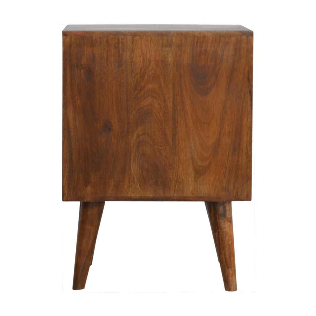 Cube Carved Solid Mango Wood Nightstand – Chestnut Finish