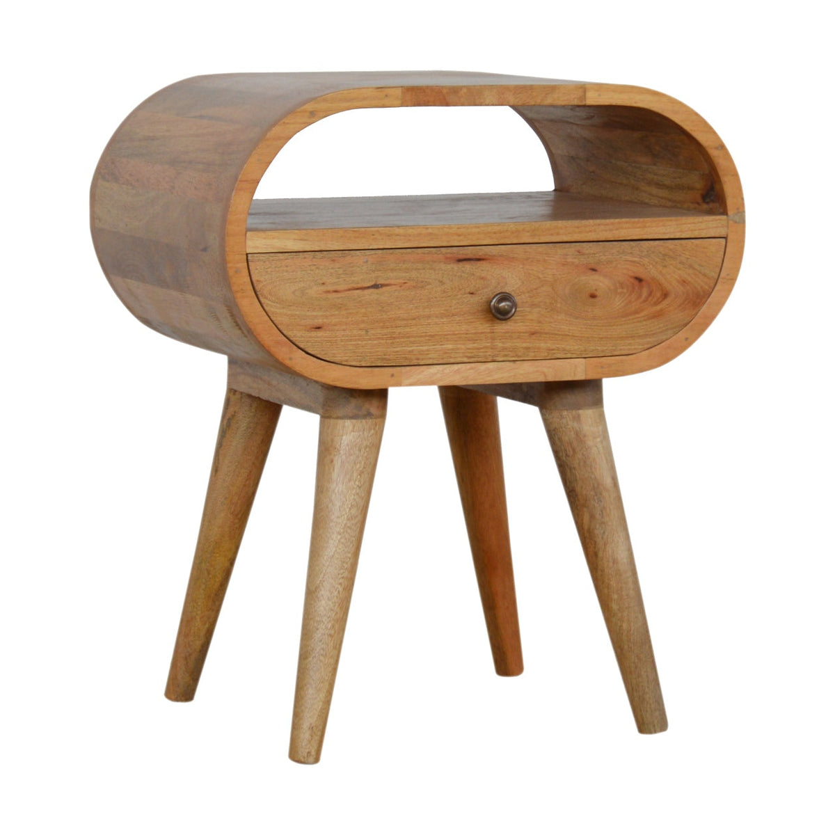 Circular Open Slot Solid Mango Wood Nightstand – Oak-Ish Finish