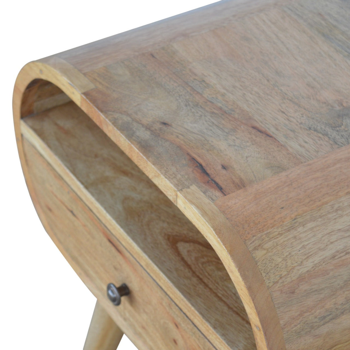 Circular Open Slot Solid Mango Wood Nightstand – Oak-Ish Finish