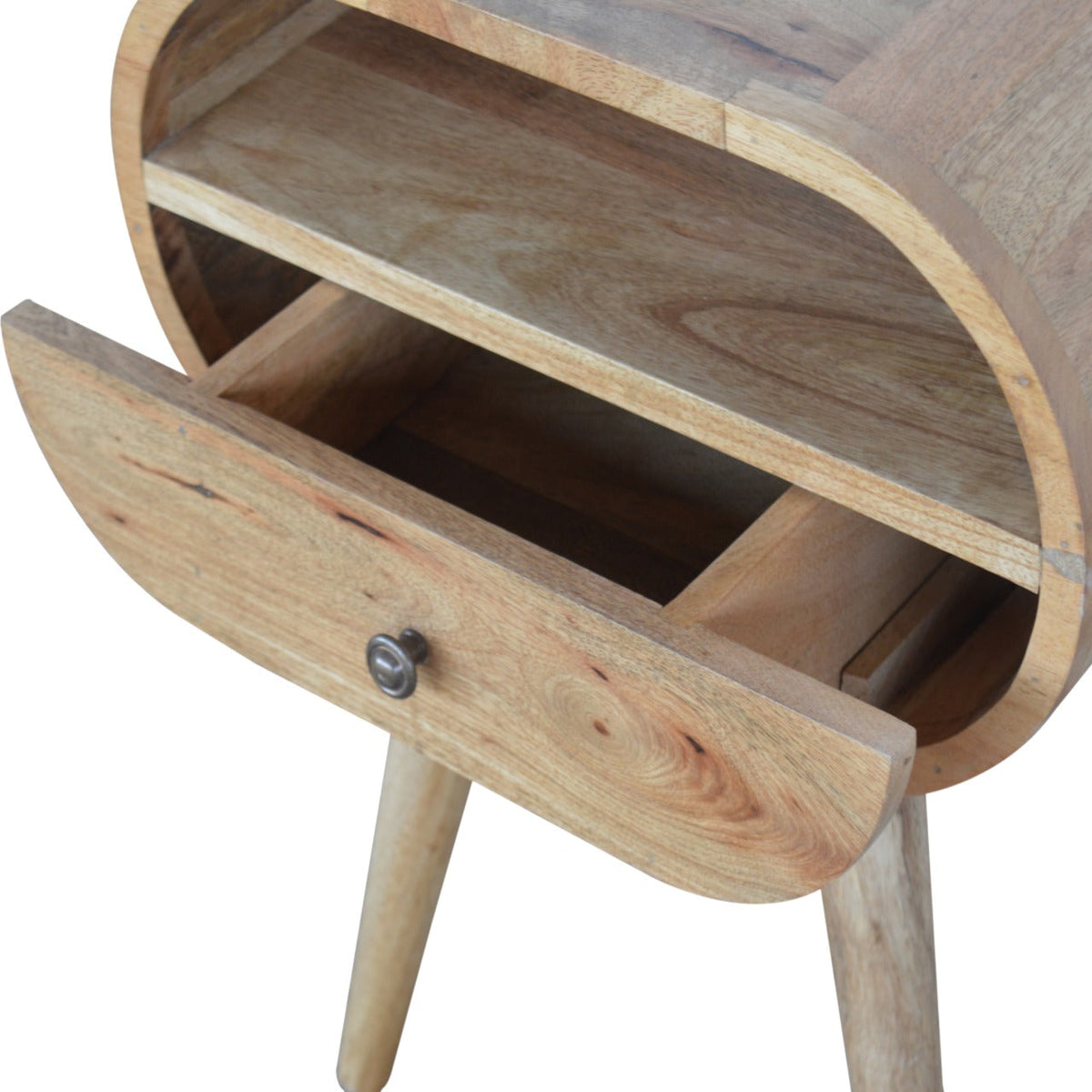 Circular Open Slot Solid Mango Wood Nightstand – Oak-Ish Finish