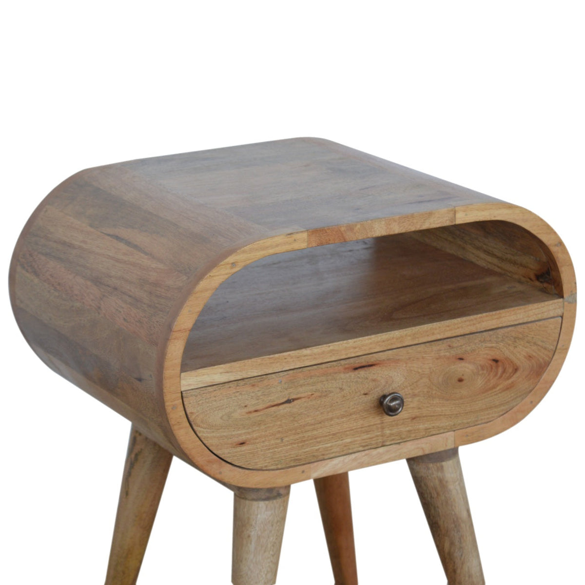 Circular Open Slot Solid Mango Wood Nightstand – Oak-Ish Finish