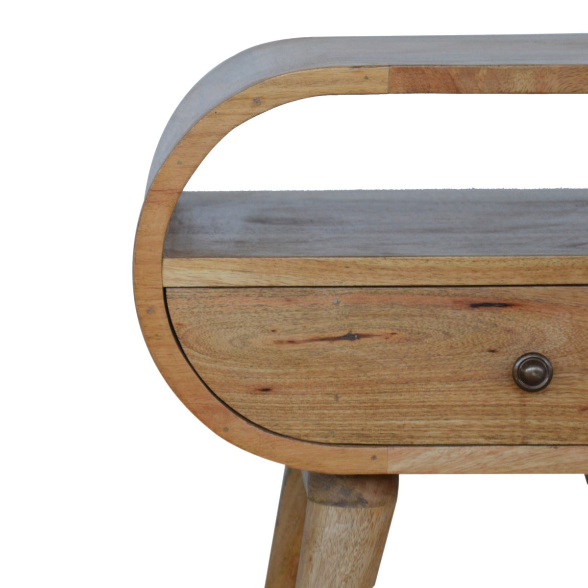 Circular Open Slot Solid Mango Wood Nightstand – Oak-Ish Finish