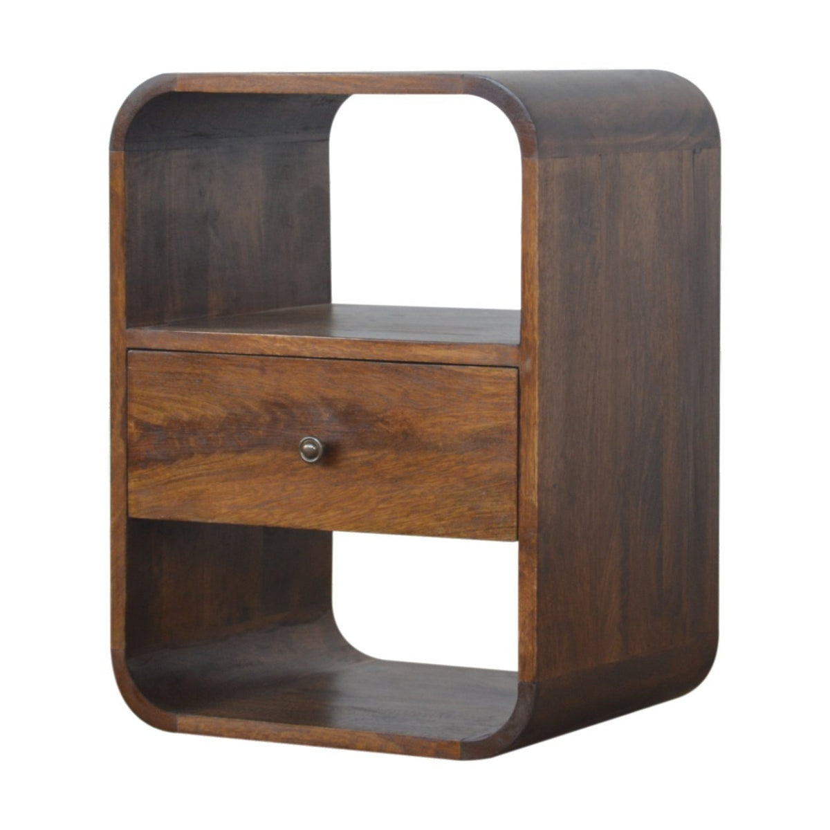 Solid Mango Wood Nightstand – Chestnut Finish, Drawer & 2 Open Shelves