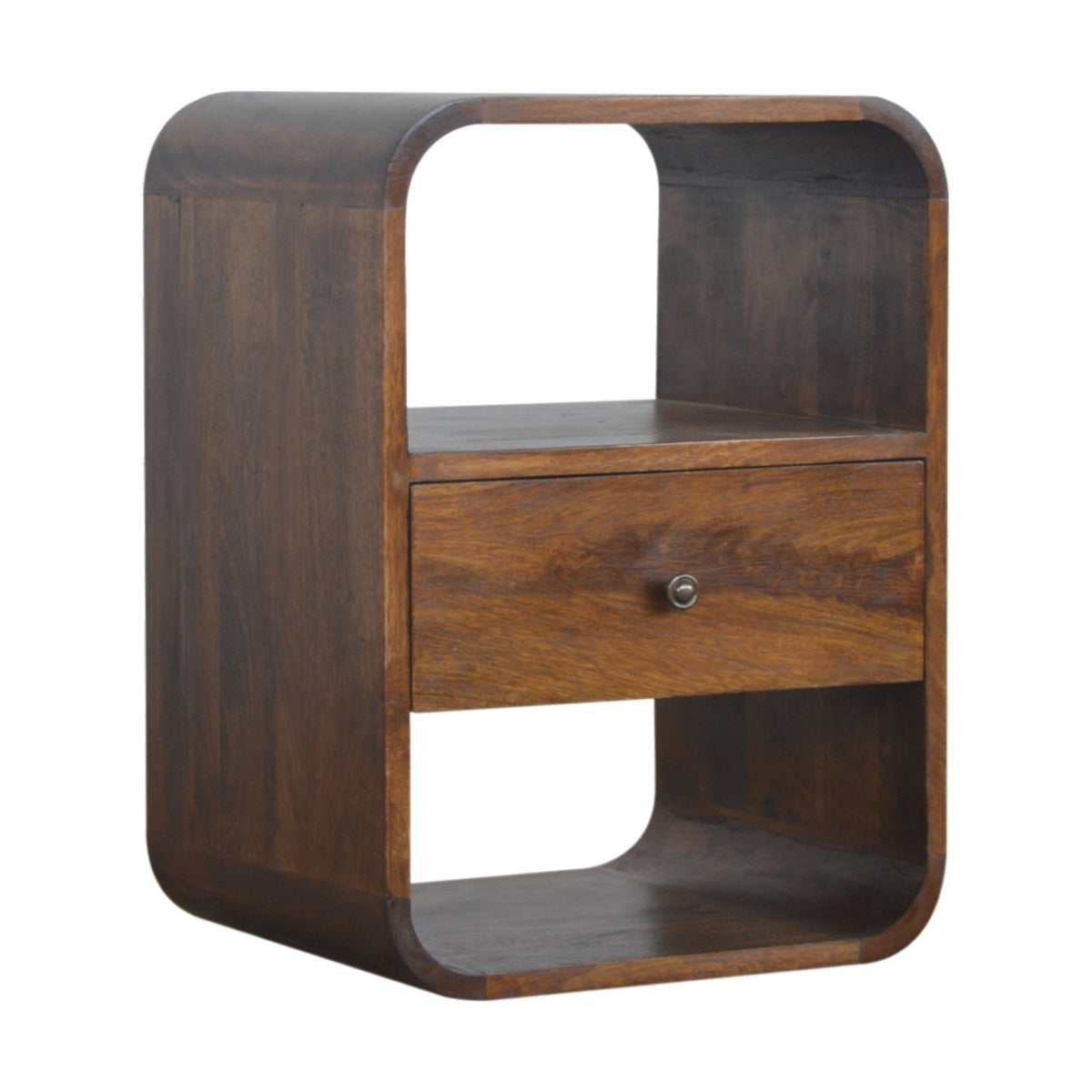 Solid Mango Wood Nightstand – Chestnut Finish, Drawer & 2 Open Shelves