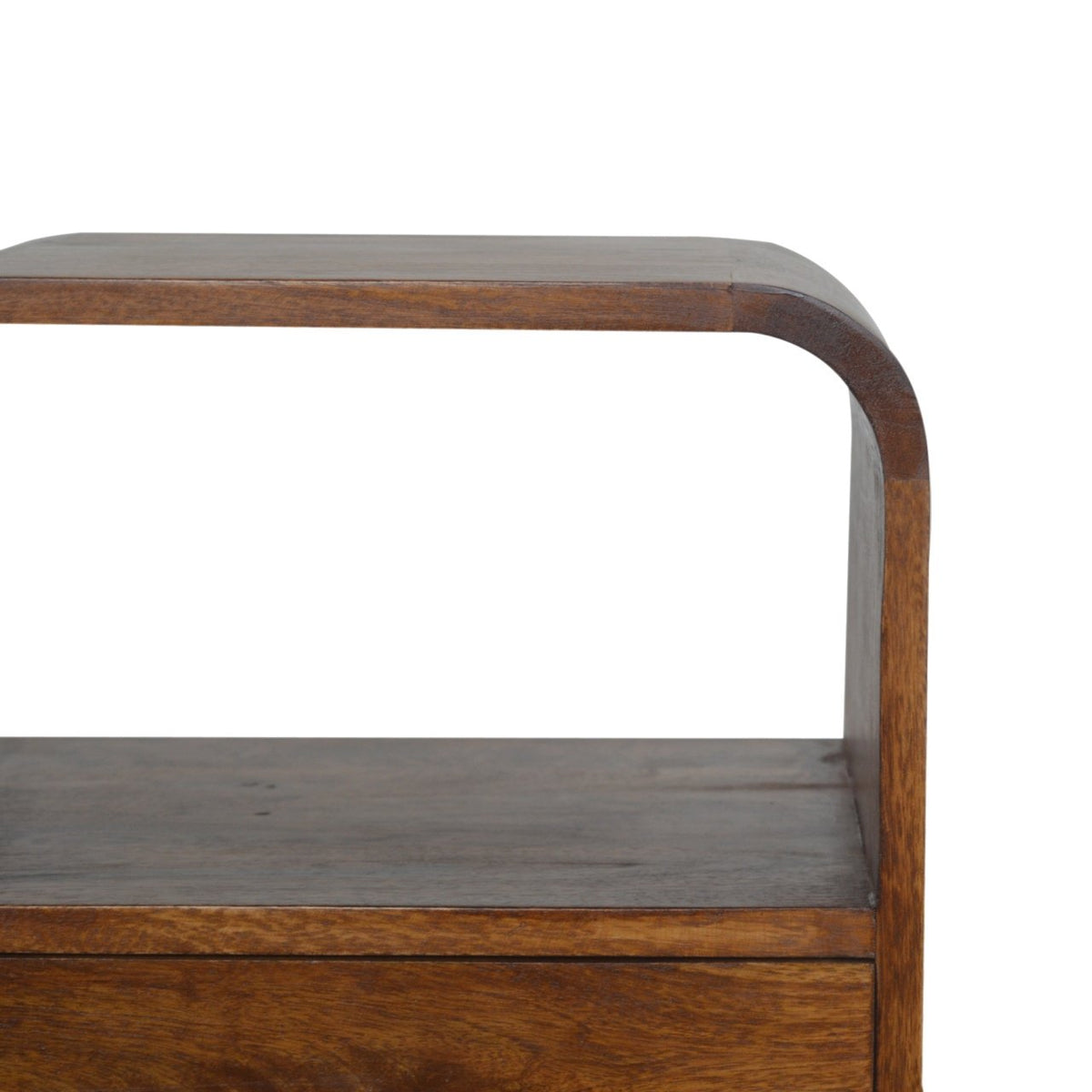 Solid Mango Wood Nightstand – Chestnut Finish, Drawer & 2 Open Shelves
