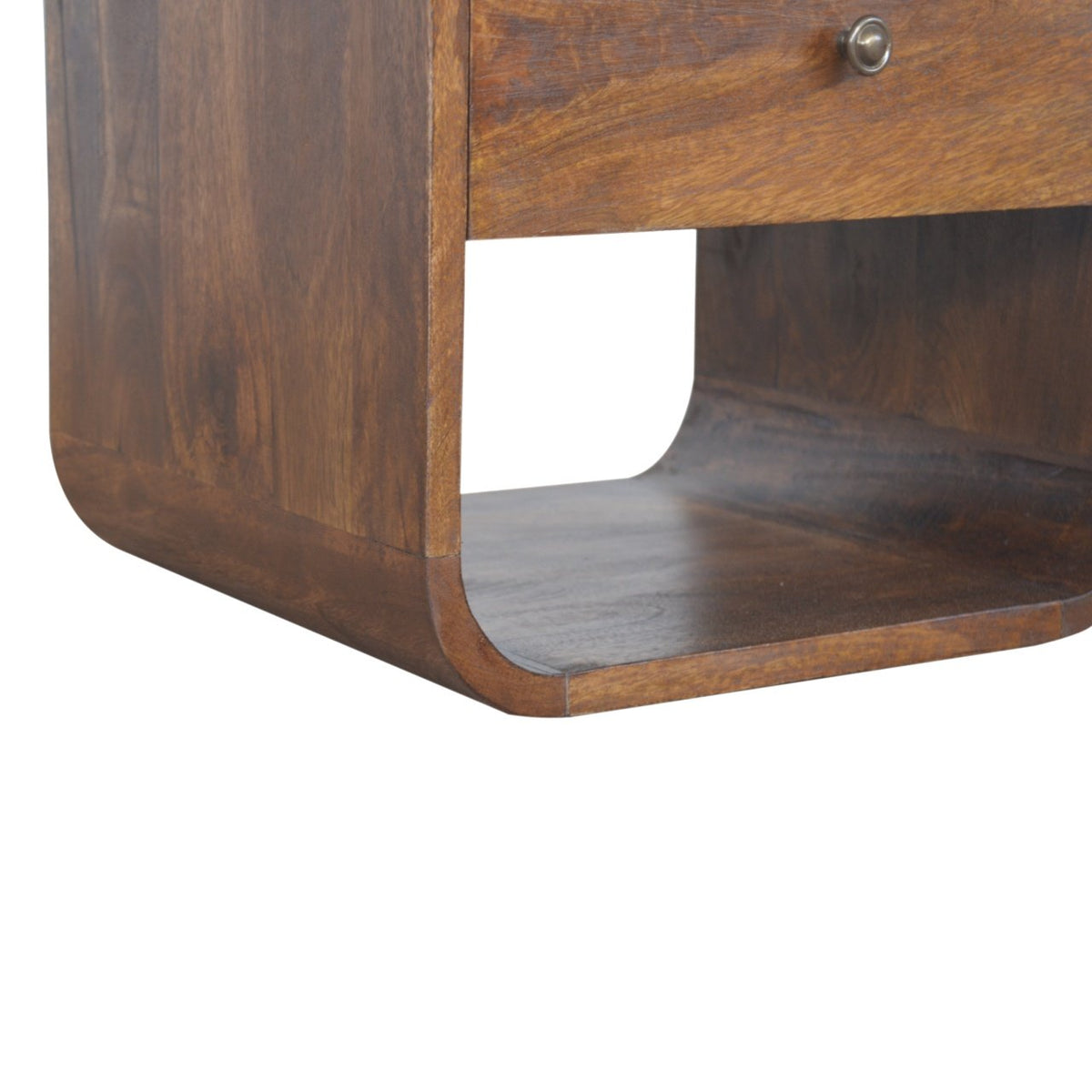 Solid Mango Wood Nightstand – Chestnut Finish, Drawer & 2 Open Shelves