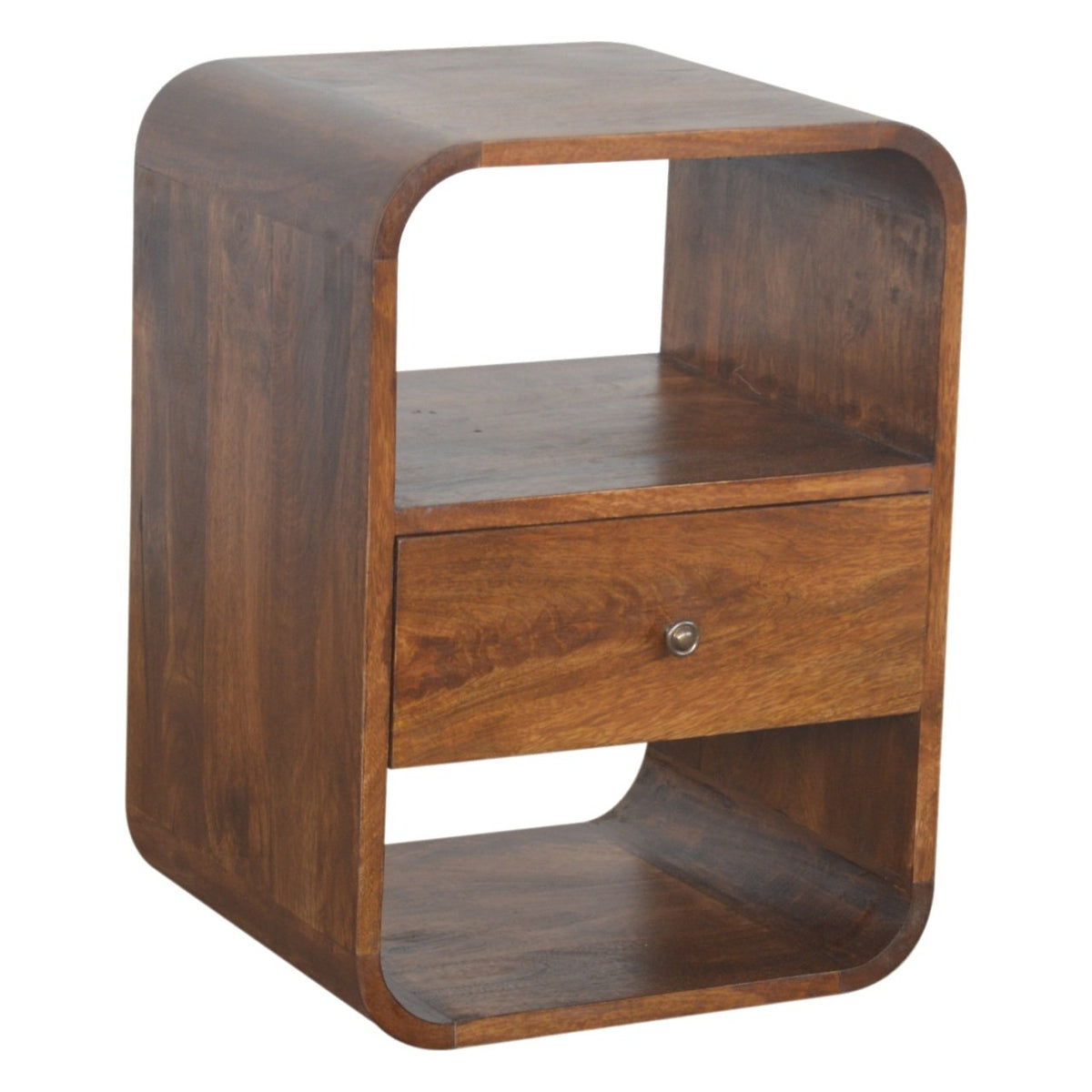 Solid Mango Wood Nightstand – Chestnut Finish, Drawer & 2 Open Shelves