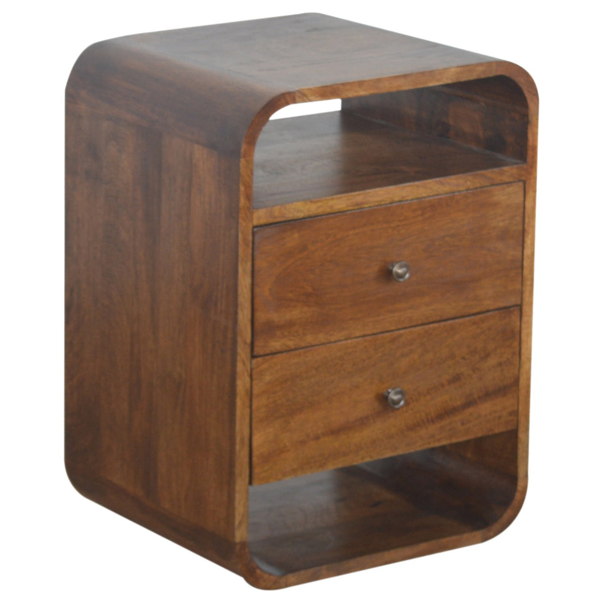 Curve 2-Drawer Solid Mango Wood Nightstand – Chestnut Finish