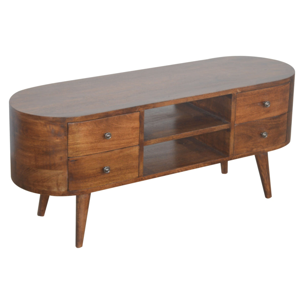 Solid Mango Wood Media Console – Chestnut Finish, Rounded 4-Drawer TV Stand