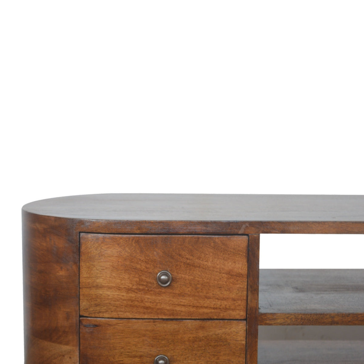 Solid Mango Wood Media Console – Chestnut Finish, Rounded 4-Drawer TV Stand