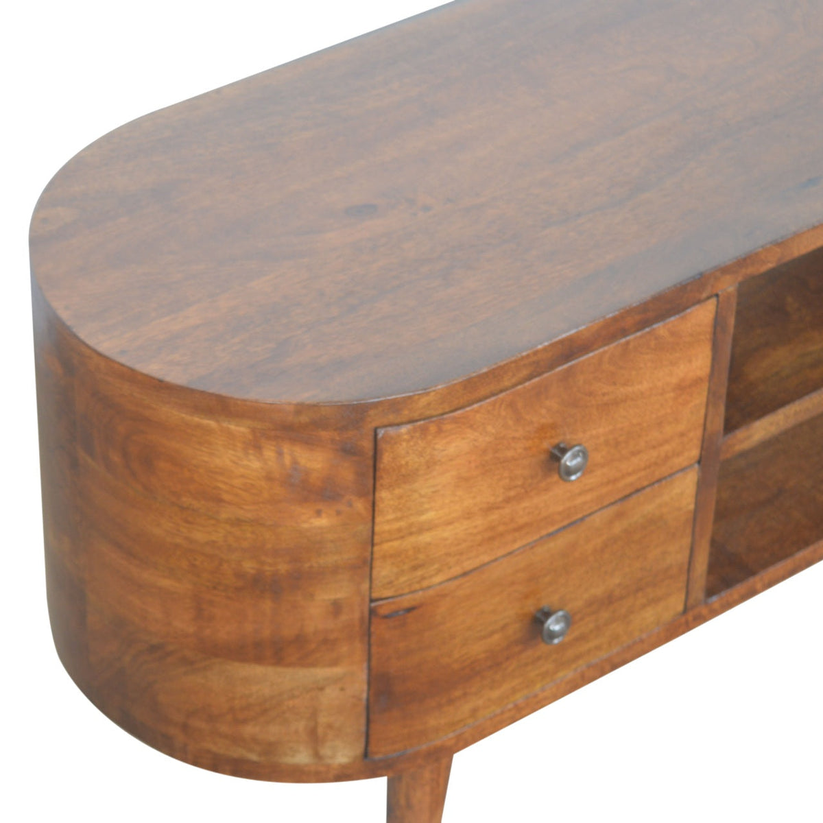 Solid Mango Wood Media Console – Chestnut Finish, Rounded 4-Drawer TV Stand