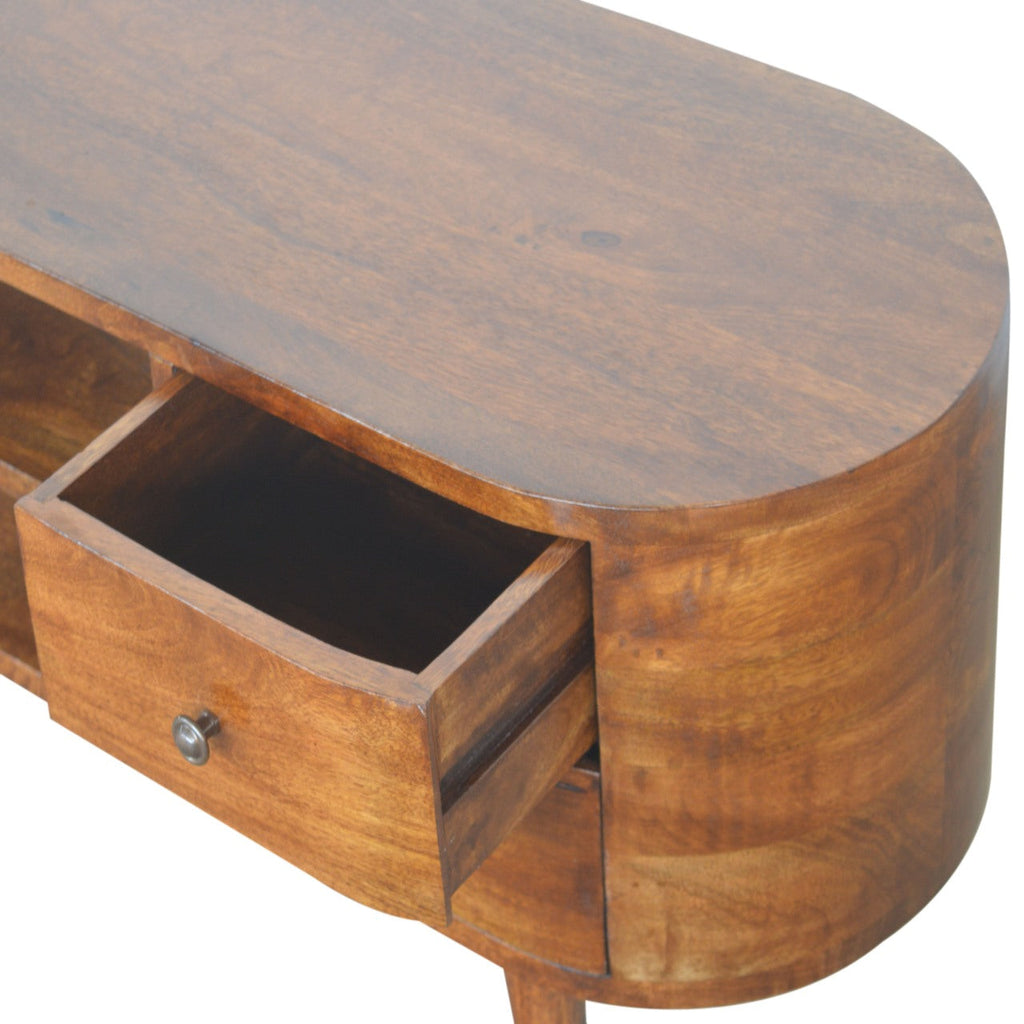 Solid Mango Wood Media Console – Chestnut Finish, Rounded 4-Drawer TV Stand