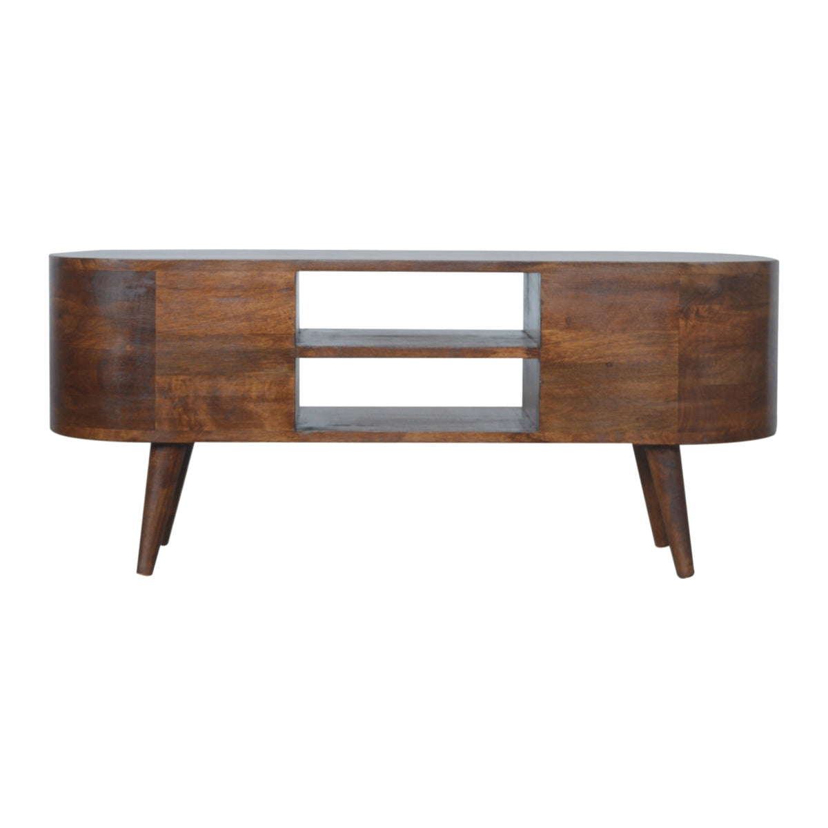 Solid Mango Wood Media Console – Chestnut Finish, Rounded 4-Drawer TV Stand