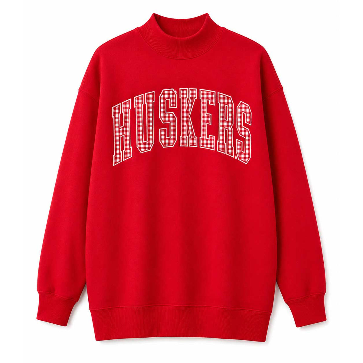 Huskers Sewn Appliqué Red Gingham Licensed Women's Mock Neck Sweatshirt | Multiple Sizes | H.Flynn Designs