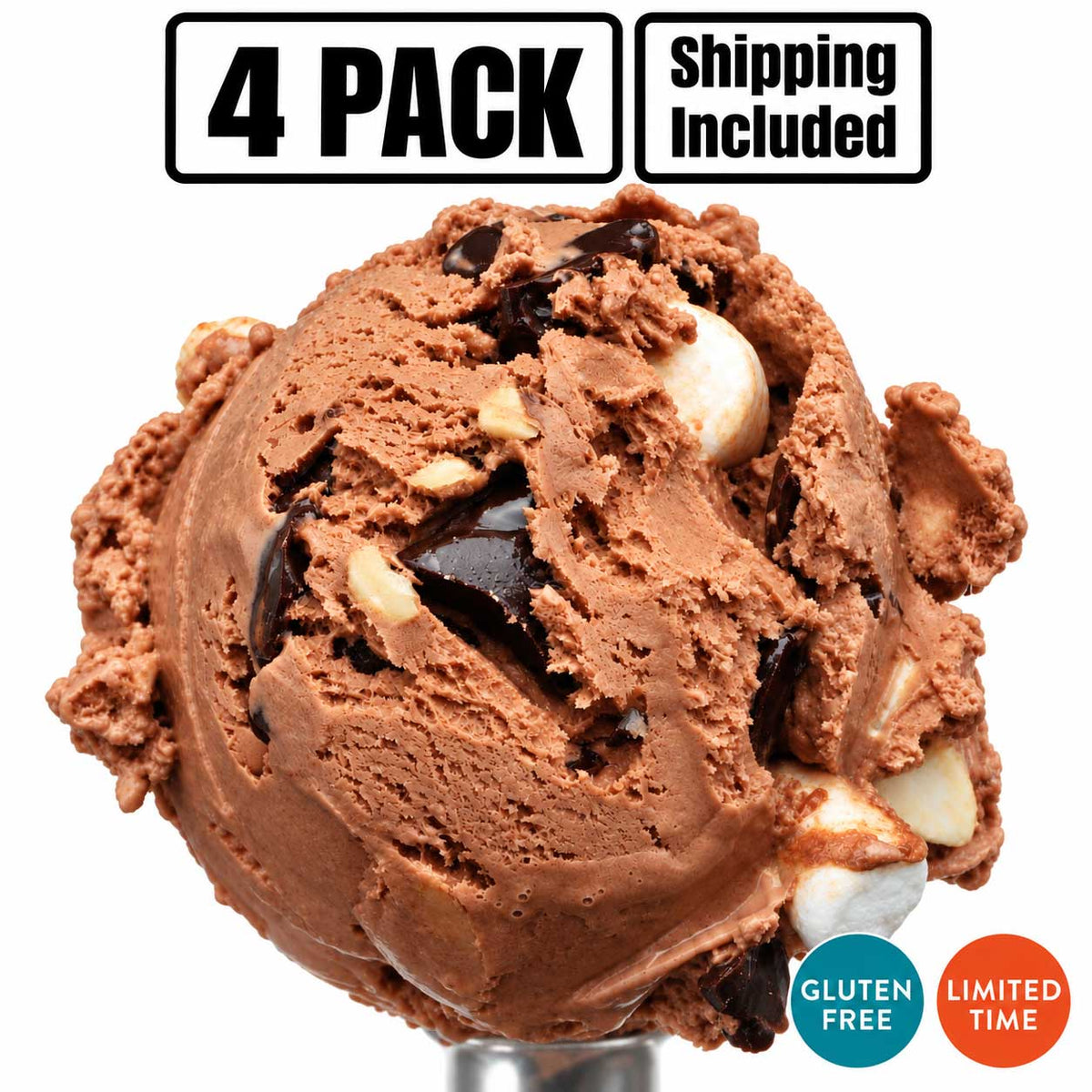 Rocky Road Ice Cream | Pack of 4 | One Pint | Gluten Free | Shipping Included | eCreamery