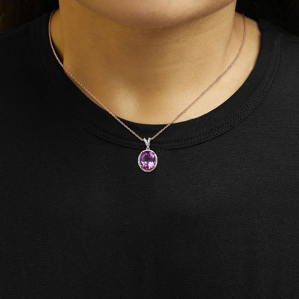Rose gold vermeil sterling silver 1/5 cttw diamond pink quartz necklace bijoux-nyc direct