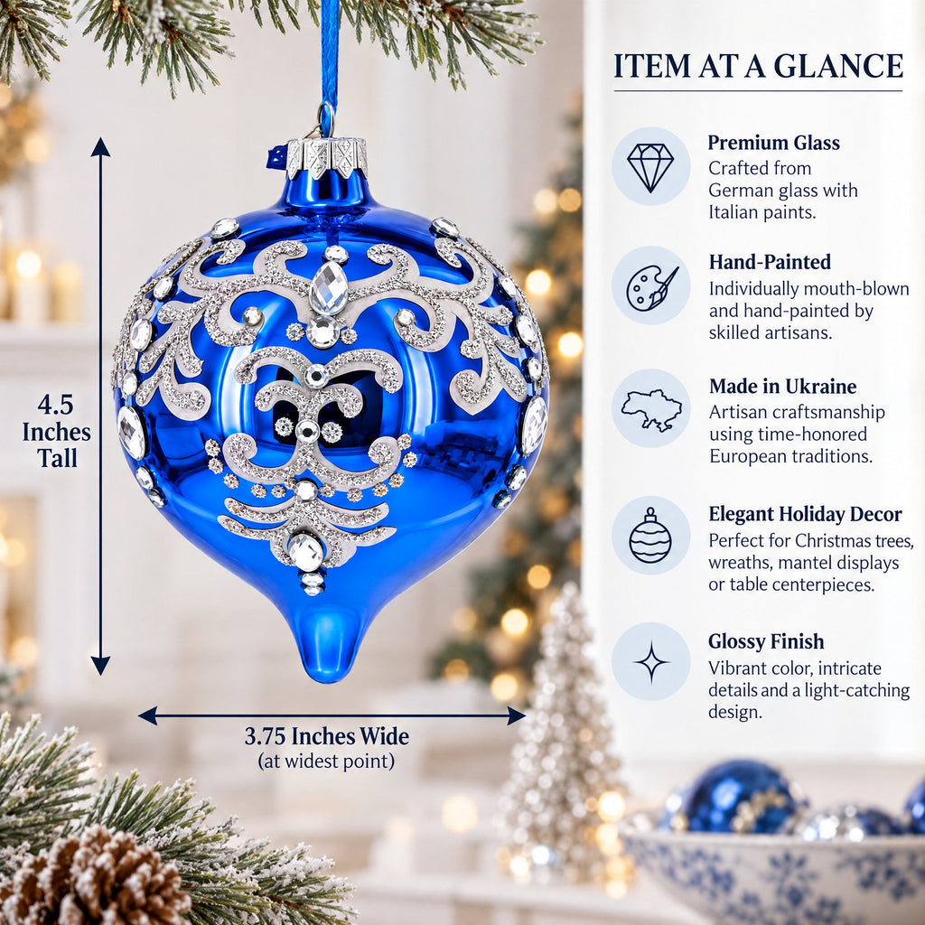 Blue Jeweled Silver Scroll Onion-Shape Finial Glass Christmas Ornament