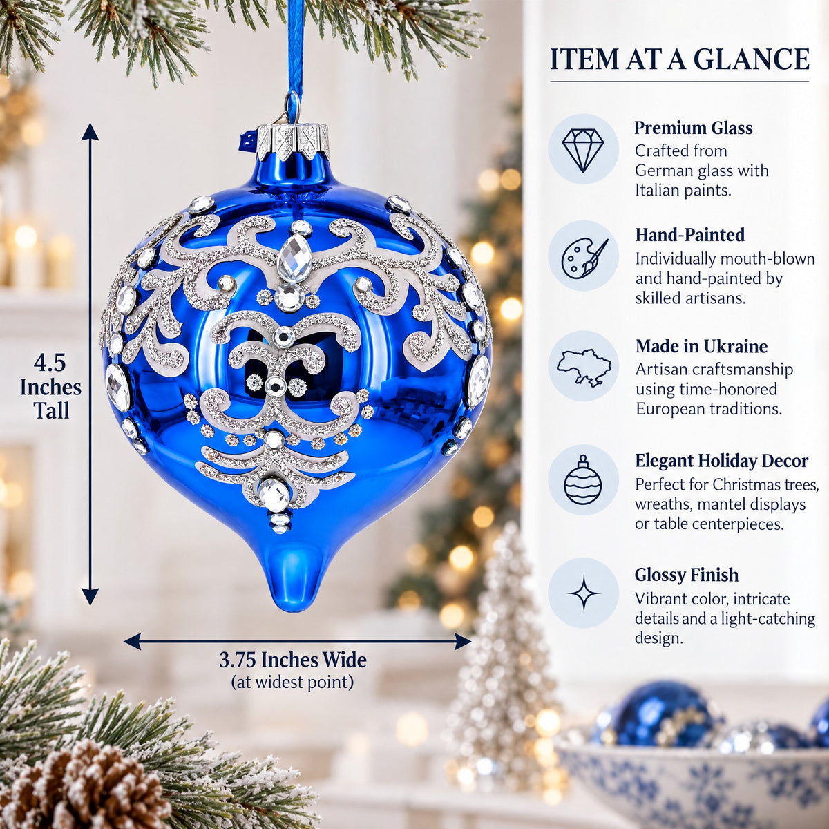 Blue Jeweled Silver Scroll Onion-Shape Finial Glass Christmas Ornament