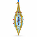 Blue and Gold Jeweled Vine Elongated Pointed Teardrop Finial Glass Christmas Ornament